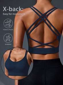 Rhythm Era 1pc Women Plus Size Sexy Seamless Criss-Cross Back Sports Camisole, Suitable For Running, Fitness, Yoga, Workout - Navy Blue - View 1