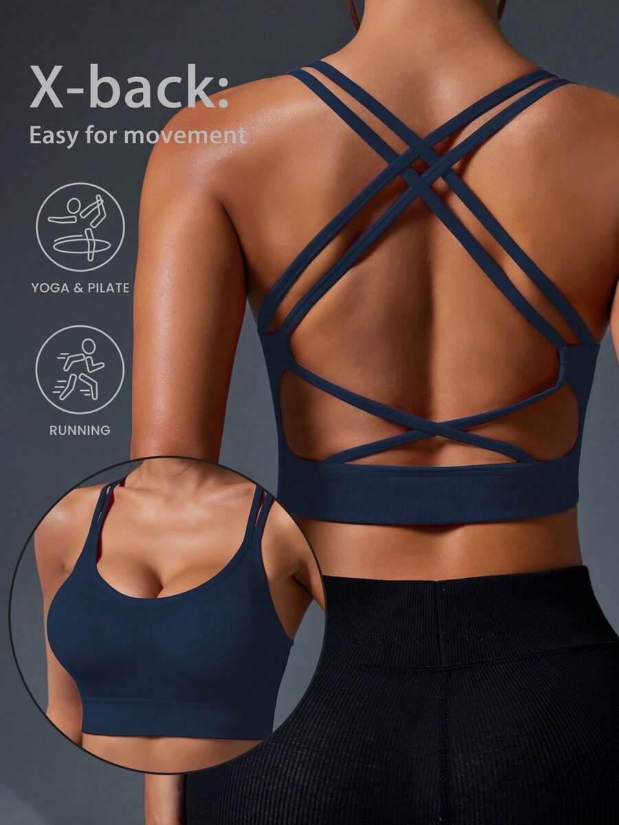 Rhythm Era 1pc Women Plus Size Sexy Seamless Criss-Cross Back Sports Camisole, Suitable For Running, Fitness, Yoga, Workout - Navy Blue - View 1