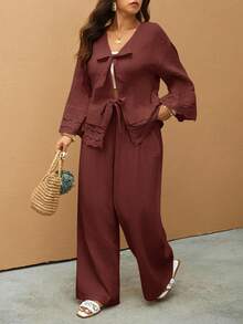Elaquor Plus Size Casual Minimalist Vacation Solid Color Embroidered Patchwork 2-Piece Set, Women's Shirt + Women's Pants, Suitable For Romantic Vacation, Casual Home, Daily Wear, Spring New Arrival - Burgundy - View 3