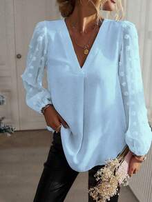 EMERY ROSE Plus Size Women Casual Commuter Solid Color Lantern Sleeve Top - Blue - View 5
