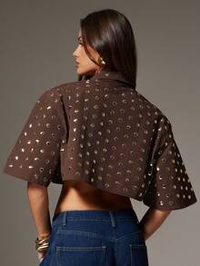 Denimoi Summer Fashion Rivet Decor Cropped Shirt - Brown - View 5