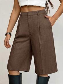 SHEIN Tall Spring Simple Commuting Gray Bermuda Women Shorts Suit - Brown - View 3