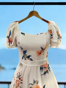 Balvessa Women's Woven Printed Summer Long Dress For Vacation - Apricot - View 5