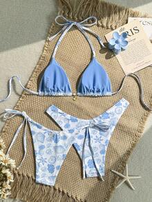Swim MOD 三件套泳衣，春夏度假海洋随机印花金色贝壳配饰挂脖三角比基尼上衣和高腰侧系带泳裤性感女士泳装三件套女士两件式泳衣斑马纹比基尼套装贝壳印花比基尼蓝白比基尼两件式泳衣Zestiva泳装女士比基尼套装春夏精选Yummy Control泳衣 - 藍白色 - 查看 2
