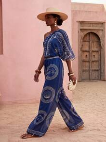 Zivah 2026 Women's Casual Beach Vacation Sheer Chiffon Coverup With Underwater Animal & Print, Pants Style - Blue - View 2