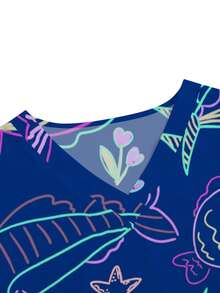 PopScrub Women Blue Hospital V-Neck Short Sleeve Blouse,Cute Cartoon Underwater Fish Animal Print Scrub Top With Dual Pockets,Nurse Doctor Healthcare Uniform - Blue - View 3