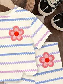 SHEIN Playful Pals 女婴可爱碎花蓝条纹印花套装，女婴休闲条纹短袖圆领上衣搭配修身骑行短裤，适合夏季、上学、户外活动，可爱女婴夏季套装，韩版风格 - 彩色 - 查看 4