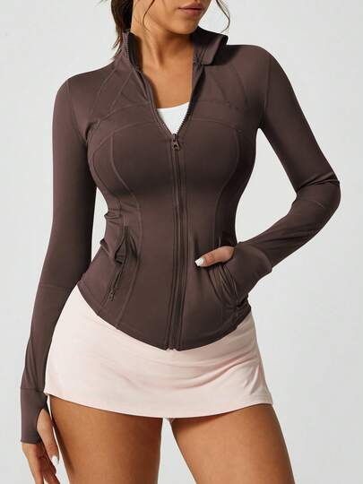 Deporte zipper chaqueta mujer slim fit cierre cintura pulgar hebilla manga larga chaqueta con bolsillos running gimnasio yoga ropa al aire libre casual