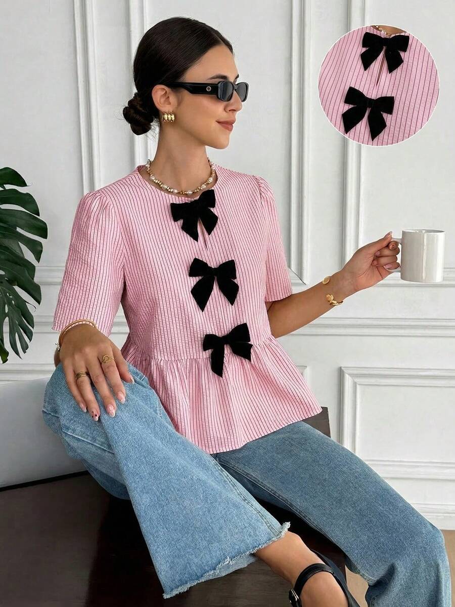 Serisse Women's Summer Casual Striped Bow Decor Ruffle Hem Blouse,Pink TopAsymmetric - Pink - View 1