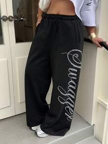 Muchica Plus Size Women Letter Rhinestone Graphic Casual Versatile Daily Wear Wide Leg Pants - Black - View 4