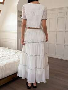 Livesso Bộ 2 món áo dài tay buộc dây phía trước và chân váy midi cho nữ. - trắng - Xem 3