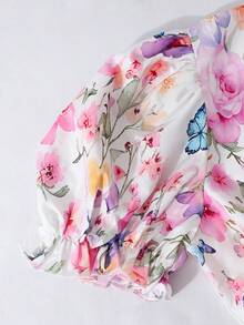 SHEIN Đầm maxi in hoa dáng xòe cho bé gái tuổi teen, tay phồng và cổ bẻ, thích hợp mặc thường ngày, đi nghỉ mát và mùa xuân/hè. Đầm maxi họa tiết bướm cho nữ, đầm xuân, đầm xếp ly, đầm in hoa, đầm hoa trắng thanh lịch, đầm maxi in hoa, đầm hè xếp ly, đầm thường ngày cho nữ. - Nhiều màu - Xem 7