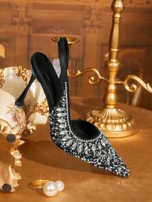 CUCCOO TILAWA Zapatos de mujer negros nuevos con punta, tacón de aguja, elevación trasera, moda, hermosos, con rhinestones, sexy, para banquetes, fiestas, clubes nocturnos, zapatos de tacón alto de mujer, zapatos de mujer con tira trasera - Negro - Ver 6