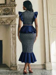 女士藏蓝色褶皱V领无袖鱼尾裙摆派对优雅精致正式礼服套装 - 寶藍色 - 查看 2