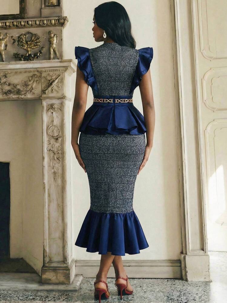 Women's Navy Blue Pleated V-Neck Sleeveless Mermaid Hem Party Elegant Sophisticated Formal Dress Suit Royal Blue Elegant Dress Women 2 Piece Skirt Sets Women