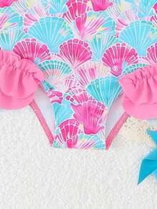 Ropa de playa para niñas, traje de baño para niñas, estilo lindo, vacaciones, estilo casual, traje de baño rosa, estampado de conchas de colores, tela de punto, decoración de hombros con volantes, decoración de volantes en la parte inferior, traje de baño de una pieza, elegante y glamoroso, adecuado para nadar, vacaciones de verano, playa, piscina, vacaciones de verano - Rosa - Ver 2