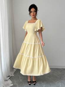 Rafferiza Women's Square Neck Petal Sleeve Textured French Style Vacation Wave Ruffle Hem Butter Yellow Elegant Dress - Light Yellow - View 4