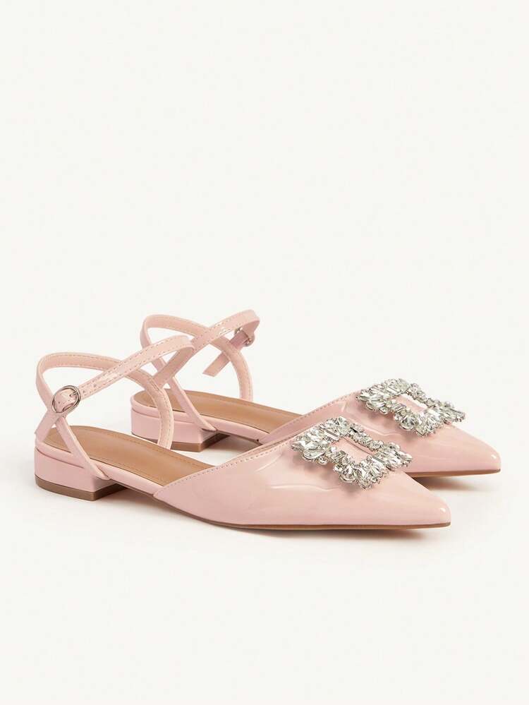 CUCCOO CHICEST Women Shoes Spring And Summer New French Low Vamp Pointed Toe Low Heel Flat Sole Shoes, Temperament Rhinestone Square Buckle Sexy Fashion Elegant Comfortable Not Tired Feet Fairy Style High Sense Closed Toe Sandals