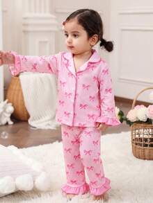 Dozemod Set Piyama Rajut Lembut Lengan Panjang dan Celana, Motif Pita Minimalis Manis untuk Bayi Perempuan, 2 Potong, untuk Bayi Perempuan - MultiWarna - View 8