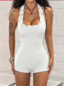 StreetHx 女士性感极简黑色露背紧身连体裤，适合派对穿着 - 白色 - 查看 5