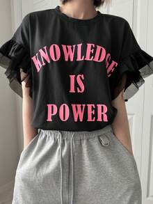 FRIFUL Women's Round Neck Sleeveless Loose T-Shirt With Bright Color Letter Print, Mesh Splice And Ruffle Trim Graphic Tees Women Summer - Black - View 5