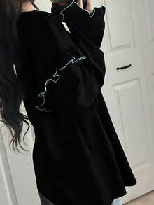 FRIFUL Áo thun dài tay in họa tiết dành cho nữ, có viền bèo nhún. - màu đen - Xem 2