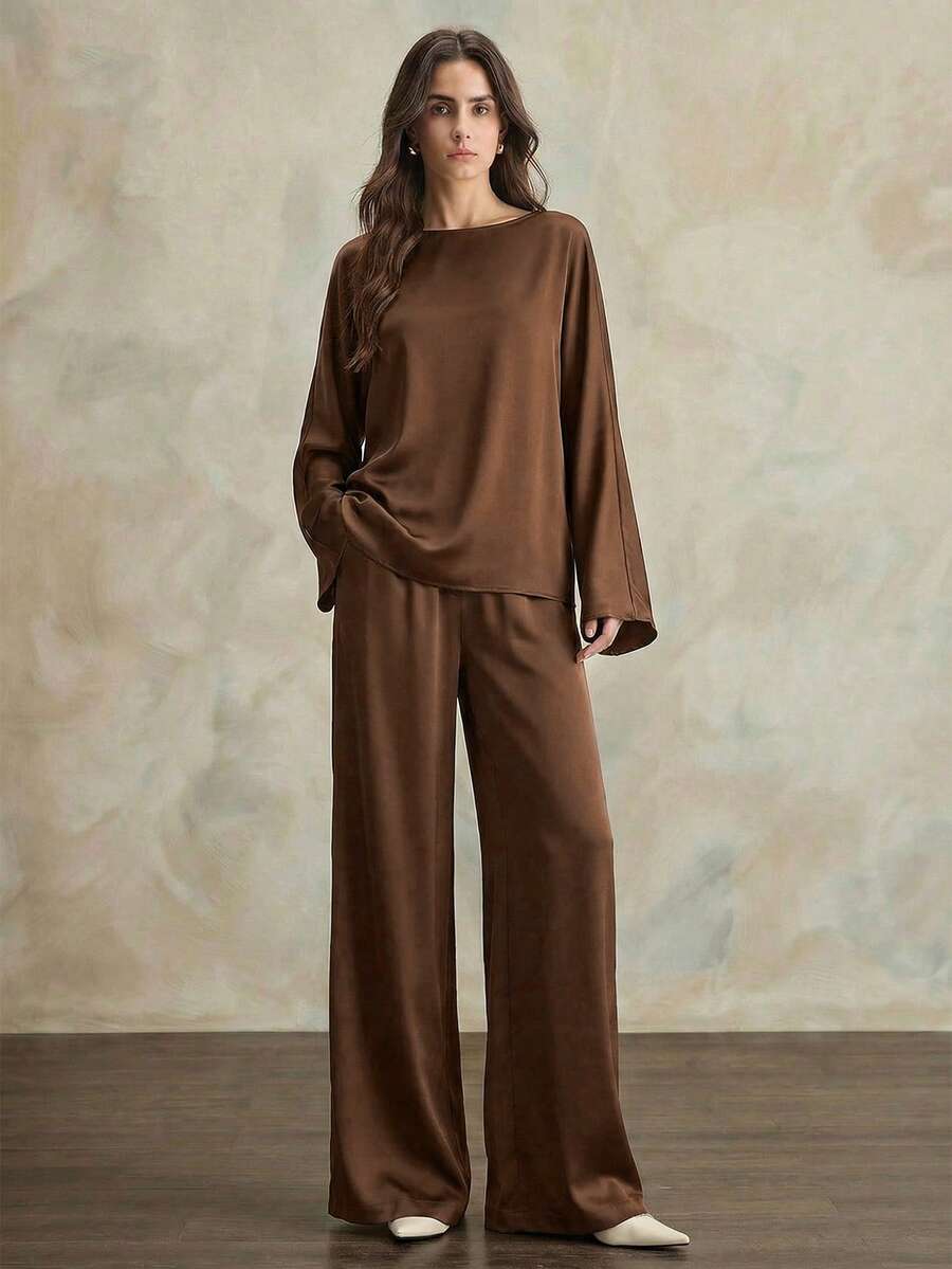 Ontre 2026新款棕色褶皱缎面弹力腰半身裙，适合现代都市派对、返校季、婚礼、都市简约休闲日常穿着、波西米亚风、度假、女士假日、海滩、办公着装 - 棕色 - 查看 1