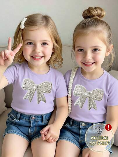 Spring And Summer Baby Girls' Casual Fashion Creative Personalized Refreshing Cute Minimalist Shiny White Bow Decor Pattern Print Casual Basic Short T-Shirt, Comfortable Daily Wear