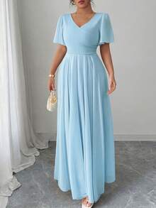 Elenzga Plus Size Women's V-Neck A-Line Chiffon Dress With Ruffle Sleeves, Simple Elegant And Romantic - Blue - View 3