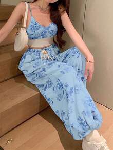 Pariaura Petite 女款淺藍色花卉拼接細肩帶短版背心與抽繩腰寬腿褲兩件套，夏季休閒日常春季穿搭，適合嬌小女性 - 藍色 - 查看 4
