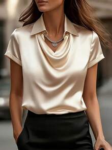 Ellegaria. 女士垂褶领短袖缎面纯色衬衫，适合春、夏、秋、冬四季穿着，适合约会、优雅休闲、通勤、度假、商务办公等场合，百搭时尚，日常休闲穿着，尽显优雅气质，女士休闲上衣 - 杏色 - 查看 1