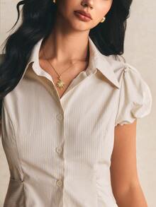 Poéselle Women's Cotton Blend Elegant Puff Sleeve Fitted Blouse | Cream Pinstripe Button Down Summer Work Tops,Women's Casual Commuting Bubble Sleeve Fitted Blouse, Summer,Comfortable,Natural Feel,Summer-Appropriate,Summer Top Blouse For Women Formal Casual Business Casual Women Tops Blouse Work Office Wear Women Outfits Shirts For Ladies Casual - Multicolor - View 3
