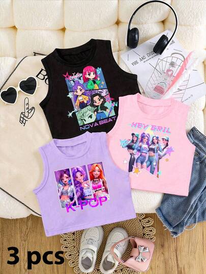 3pcs Young Girl Casual Fashionable Creative Personalized Refreshing Minimalist Virtual Girl Group Colorful Pentagram Star Graphic Letter Slogan Print Top Basic Tops, Black/Purple/Pink, Comfortable Daily Wear Cozy Summer Styles Suitable For Spring/Summer