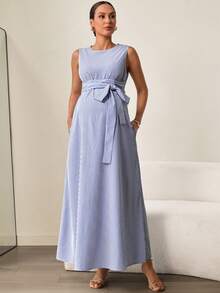 MaterniWear Đầm bầu kẻ sọc, eo xoắn, kiểu dáng thường ngày, thích hợp cho kỳ nghỉ. - Màu xanh lam - Xem 3