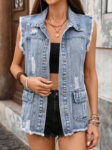 Breezaya Áo khoác denim nữ một hàng cúc, rách rưới, kiểu dáng thường ngày, đa năng; Áo vest nữ; Áo tank top nữ; Áo kiểu mùa hè cho nữ; Trang phục du thuyền cho nữ; Xrlq9; Quần áo nữ; Trang phục đi biển cho nữ. - Màu xanh lam - Xem 1