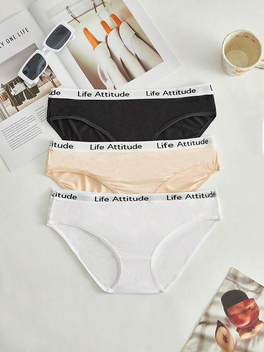 SHEIN 3pcs/Pack Multicolor English Text Elastic Band Design Daily Wear Hipster Panties - Multicolor - View 1