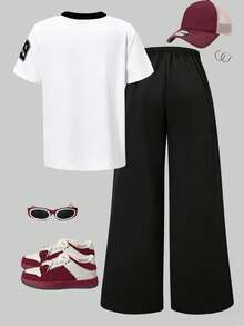 Sparklyn Set de 2 piezas de top de manga corta con cuello en V con estampado numérico y pantalones deportivos de pierna ancha para niñas, primavera/verano - Blanco y Negro - Ver 6