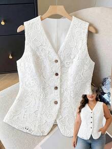 Franclia 大码女式休闲复古浪漫度假风提花刺绣镂空V领无袖修身常规款背心，春夏款 - 白色 - 查看 1