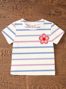 SHEIN Playful Pals 女婴可爱碎花蓝条纹印花套装，女婴休闲条纹短袖圆领上衣搭配修身骑行短裤，适合夏季、上学、户外活动，可爱女婴夏季套装，韩版风格 - 彩色 - 查看 6