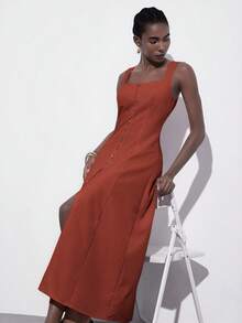 Aveloria Modichic Rust Brown,Summer,Effortless Chic,Brunch Square Neck Sleeveless Wide Strap Front Button Long Pink Dress,Linen-Like Flowing Skirt For Wedding - Brown - View 5