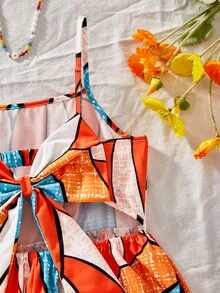 Đầm hai dây hở lưng in họa tiết bãi biển mùa hè cho bé gái tuổi teen. - Màu Cam cháy - Xem 4