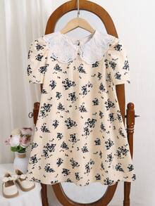 Sparklyn 少女休闲优雅可爱泡泡袖A字连衣裙，圆领，绿色蝴蝶结连衣裙，适合春季、夏季、秋季、户外活动、度假、上学穿着。 - 彩色 - 查看 4