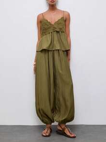 Maija 女士抽绳口袋纯色休闲波西米亚风长裤 - 軍綠色 - 查看 7