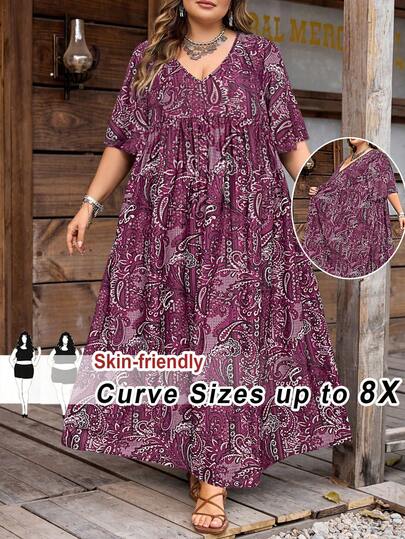 SHEIN CURVE+ Váy Babydoll tay ngắn cổ chữ V họa tiết hoa nhí dáng rộng, cỡ US22 dành cho nữ, phù hợp cho lễ hội âm nhạc, kỳ nghỉ biển, phong cách Bohemia.