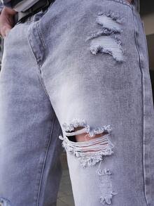 LEOGASHI LEOGASHI 男士破洞直筒牛仔裤 - 灰色 - 查看 4