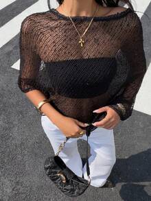 Muchica Áo thun nữ gợi cảm, bất đối xứng, xuyên thấu, thích hợp cho mùa hè. - màu đen - Xem 1