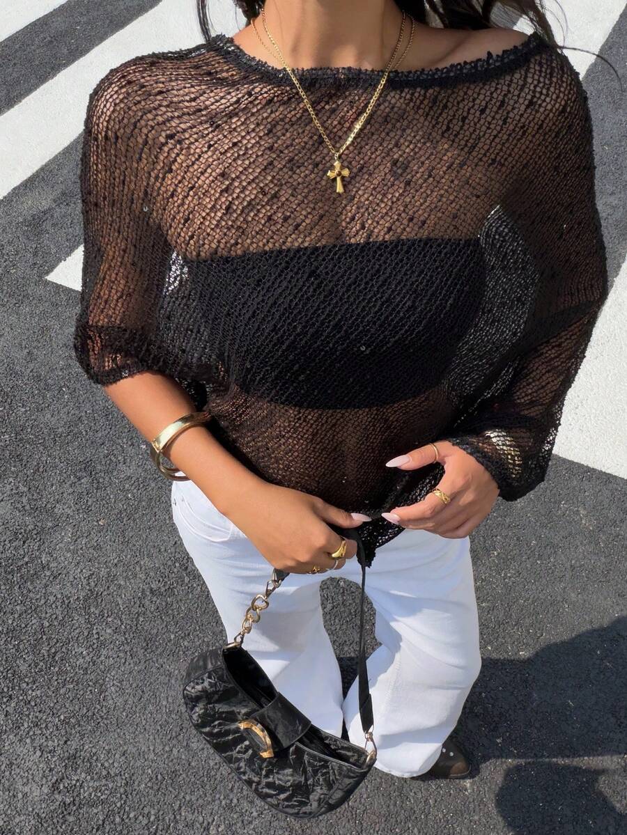 Muchica Áo thun nữ gợi cảm, bất đối xứng, xuyên thấu, thích hợp cho mùa hè. - màu đen - Xem 1