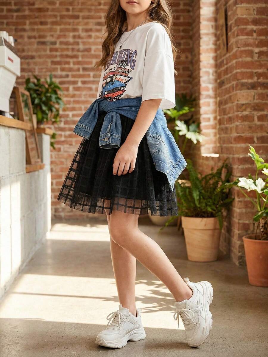 SHEIN 青少年女孩都市通勤休閒裙褲,時尚百搭適用各種場合,黑色裙褲,青少年女孩時尚薄紗裙,春季 - 黑色 - 查看 1