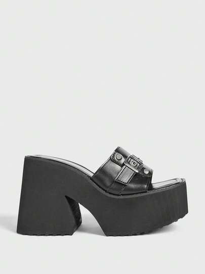 Sugerpunk 女士休闲性感高跟厚底一脚蹬凉鞋，哥特朋克风方头露趾设计，交叉T字带，金属踝扣，春夏户外通勤派对假日女鞋