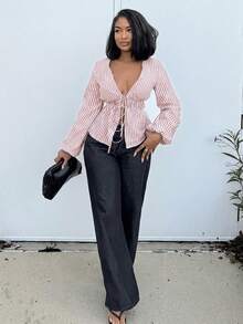 Alexandranx Women Striped Long Sleeve Tie Front Loose Blouse Fall Cloth For Women - Baby Pink - View 4